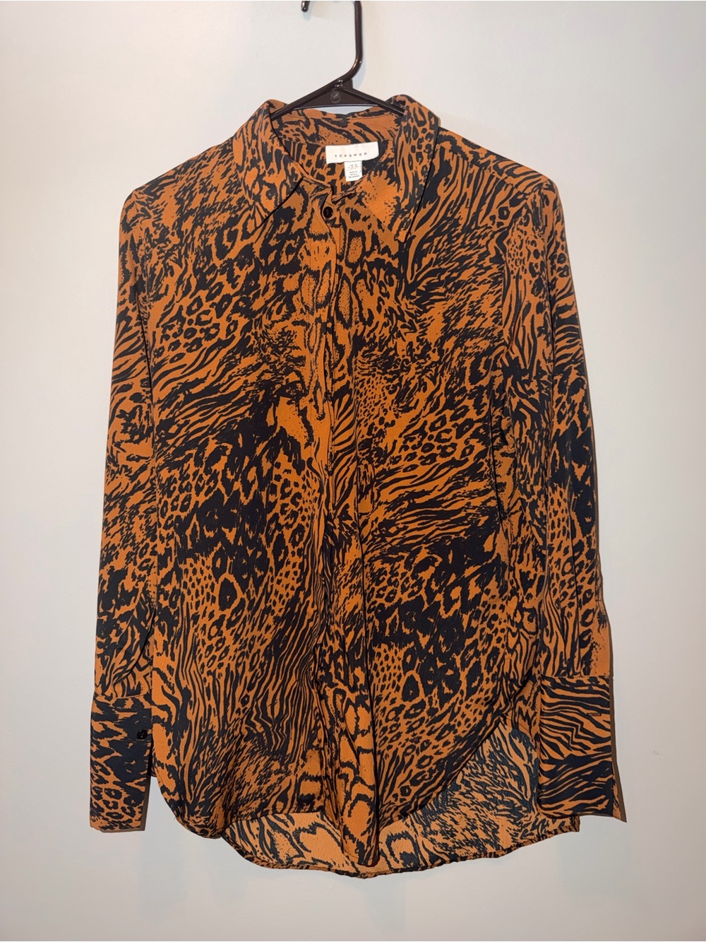 Topshop Women's Animal-Print Button Down Shirt - Orange/Black